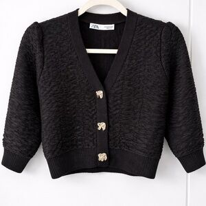 Zara Textured Cropped Cardigan Sweater – Black Puff Sleeve – Silver Buttons – M